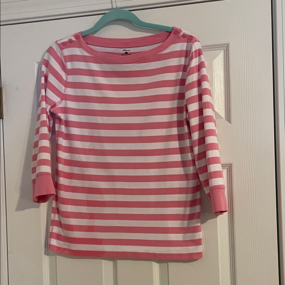 Anne Klein pink and white striped top. Boatneck w/buttons. 100% cotton. Size L.